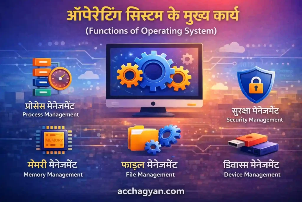 ऑपरेटिंग सिस्टम कैसे काम करता है? (Operating System Working in Hindi) 1 Operating System working in Hindi with computer system illustration
