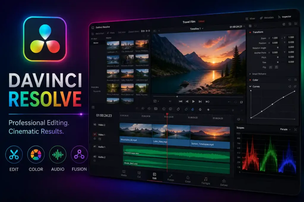 Best Video Editing Apps for YouTubers: (Free & Paid Software 2026) 1 Best Free Video Editing Apps for YouTubers, Davinci Resolve